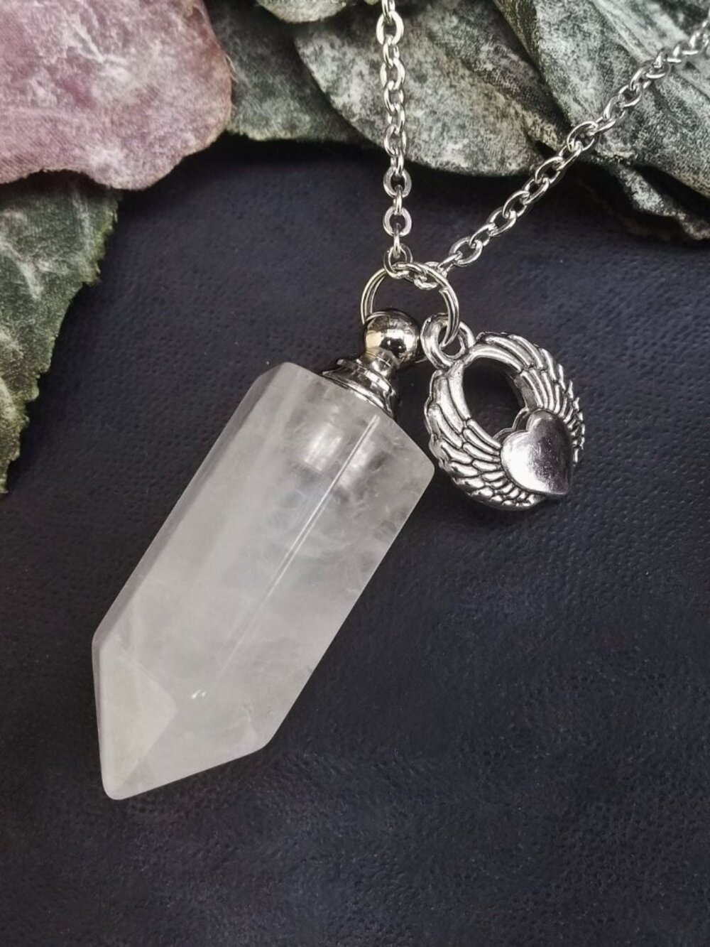Clear Quartz Stone Necklace Angel Wings Memorial Crystal Pendant